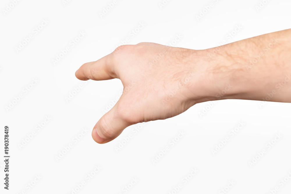 Closeup image of male hand making pointing gesture isolated at white background. Closeup image of male hand making pointing gesture isolated at white background.