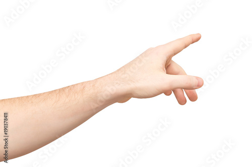 Closeup image of male hand making pointing gesture isolated at white background.