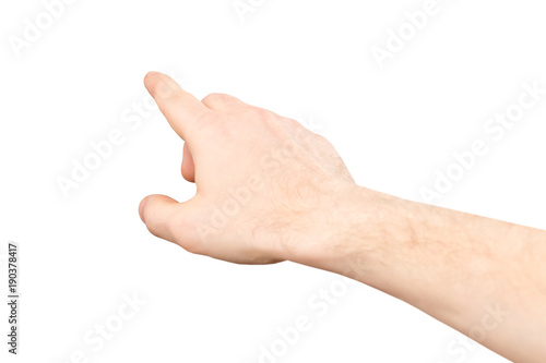 Closeup image of male hand making pointing gesture isolated at white background. © Mayatnikstudio
