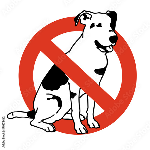No entry dogs. Prohibition of dog. Strict ban on walking the dog, forbidden. Stop animals. Vector black and white sitting dog, white background, isolated.
