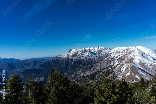 Landscape of snow covered mountains in Peloponnese Greece
