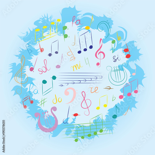 Colorful Hand Drawn Set of  Music Symbols.  Doodle Treble Clef, Bass Clef, Notes and Lyre Arranged in a Circle on Blue. Vector Illustration.