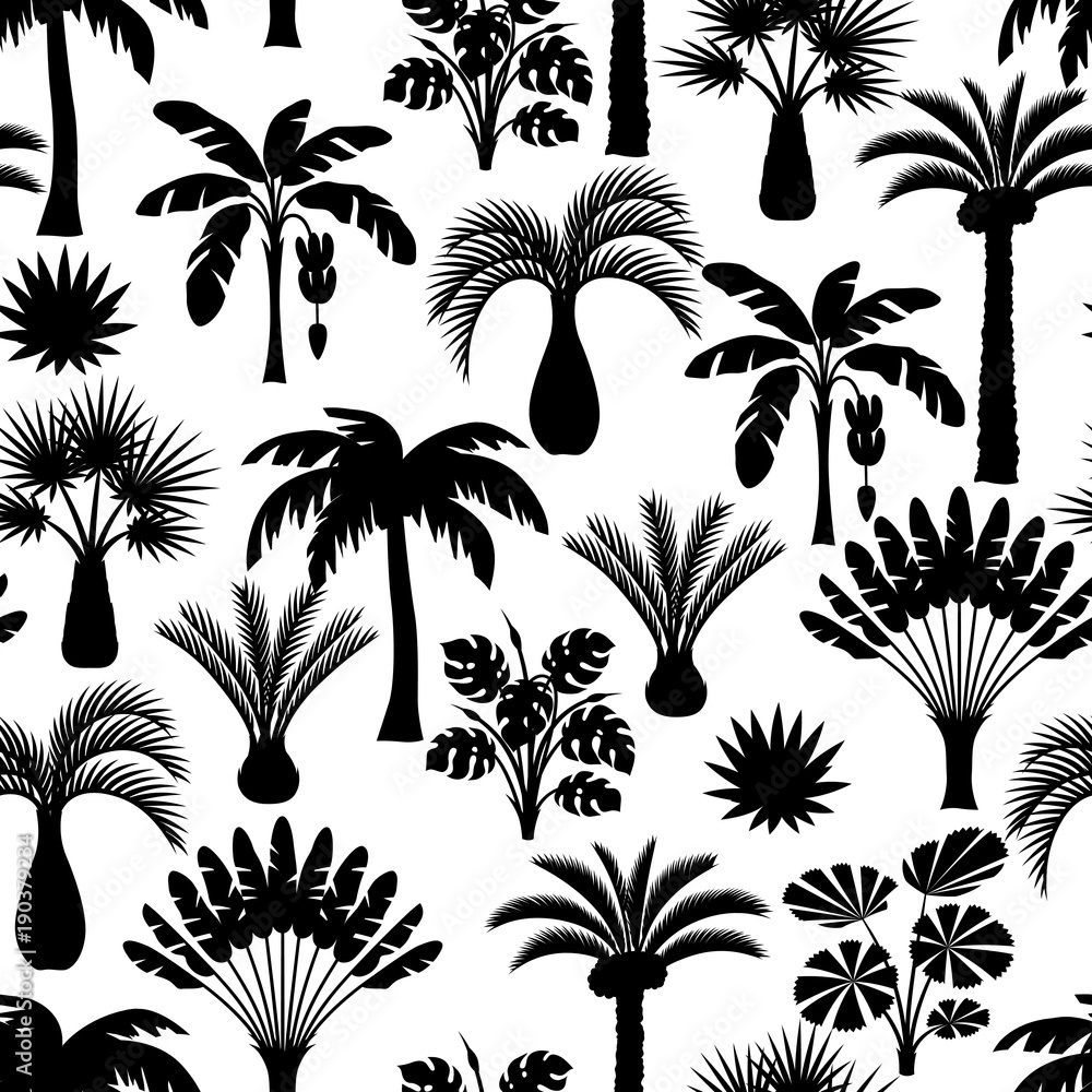 Seamless pattern with tropical palm trees. Exotic tropical plants Illustration of jungle nature