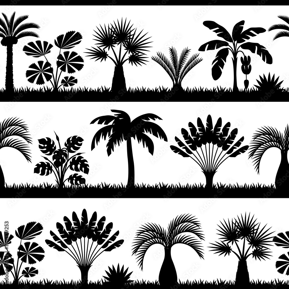 Seamless pattern with tropical palm trees. Exotic tropical plants Illustration of jungle nature Seamless pattern with tropical palm trees. Exotic tropical plants Illustration of jungle nature