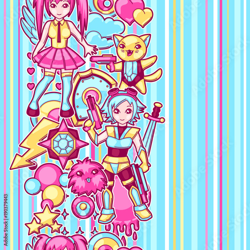 Japanese anime cosplay seamless pattern. Cute kawaii characters and items