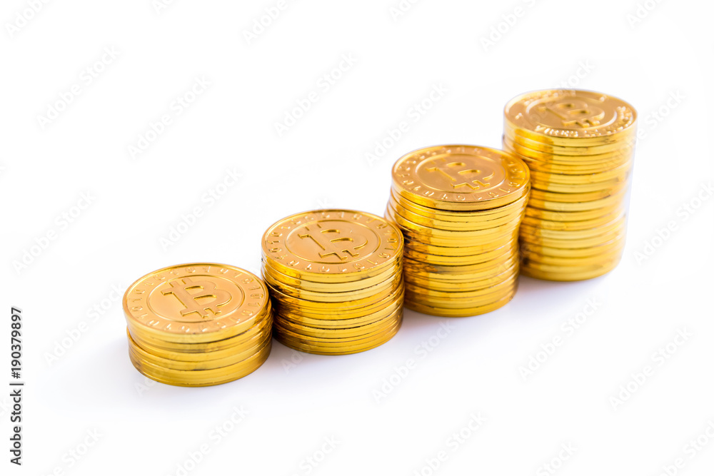 Golden bitcoin coins stack. Isolated on white background with clipping path Golden bitcoin coins stack. Isolated on white background with clipping path