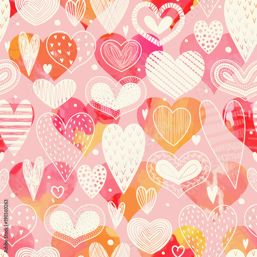 Seamless pattern with hearts. Freehand drawing. Can be used on packaging paper, fabric, background for different images, etc.
