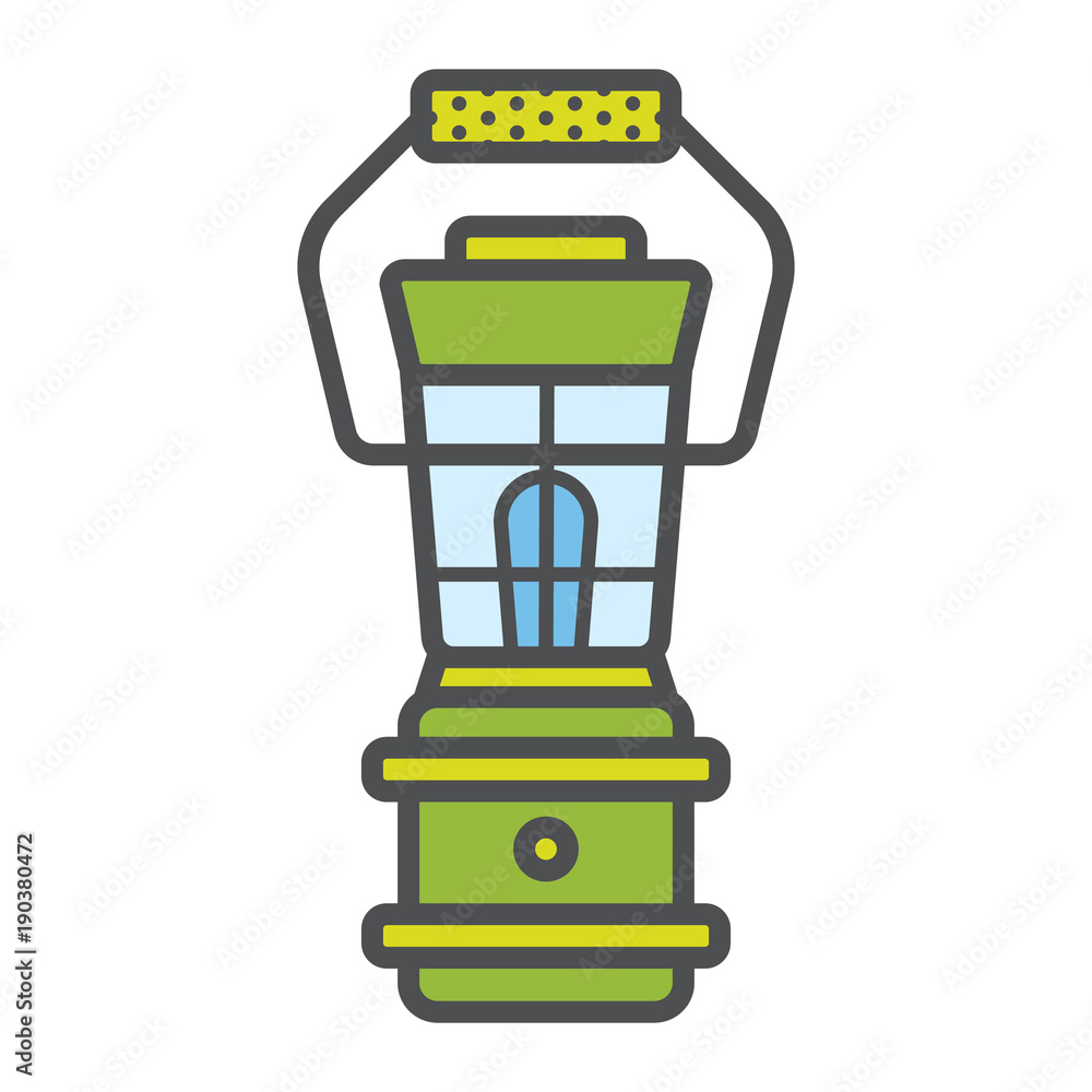Lantern for tourism in modern flat style with outline. Attribute of traveller and tourist. Forest equipment for light. Vector illustration. Gas lamp, vintage style