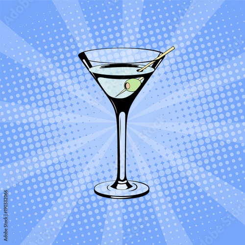 Glass of Martini in pop art style. Pop art halftone background