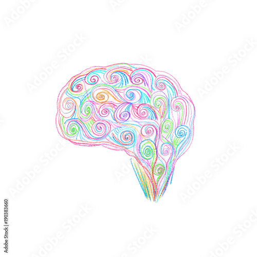 Brain drawing with colored pencils. Creativity concept.