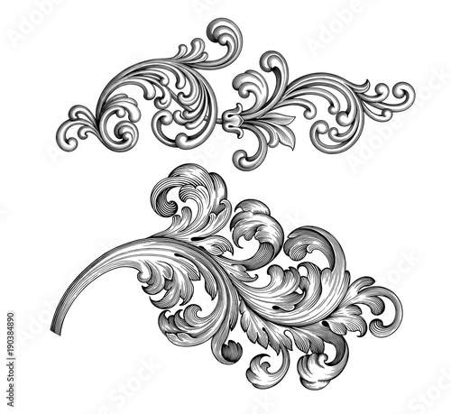 Vintage Baroque Victorian frame border set floral engraved scroll ornament leaf retro flower pattern decorative design tattoo black and white filigree calligraphic vector heraldic shield swirl