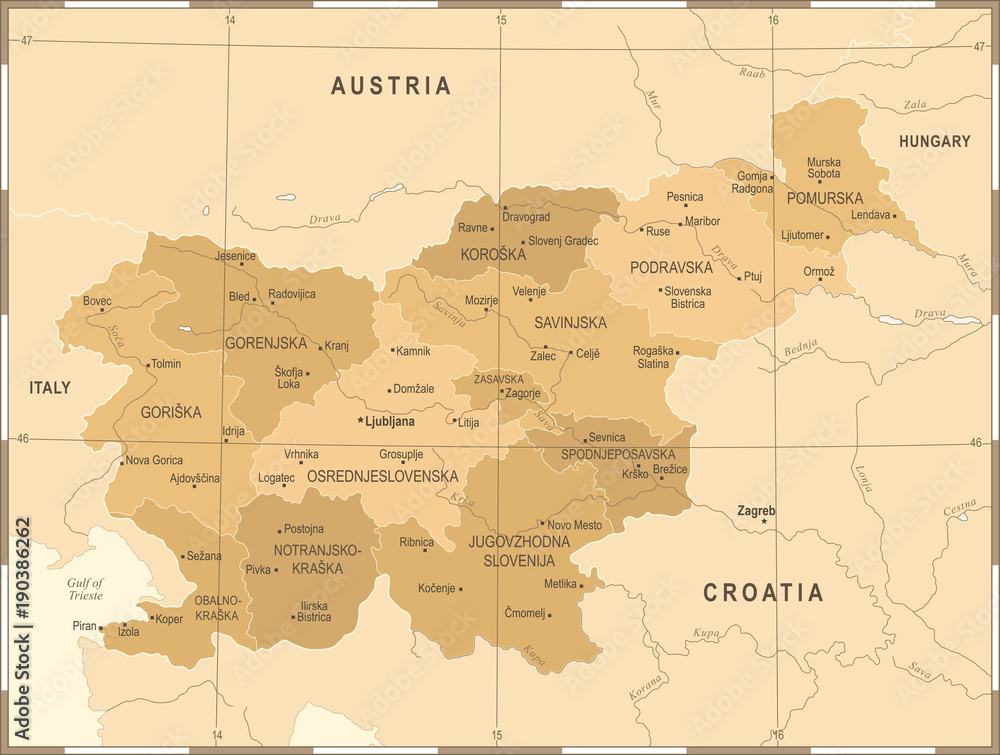 Naklejka premium Slovenia Map - Vintage Detailed Vector Illustration