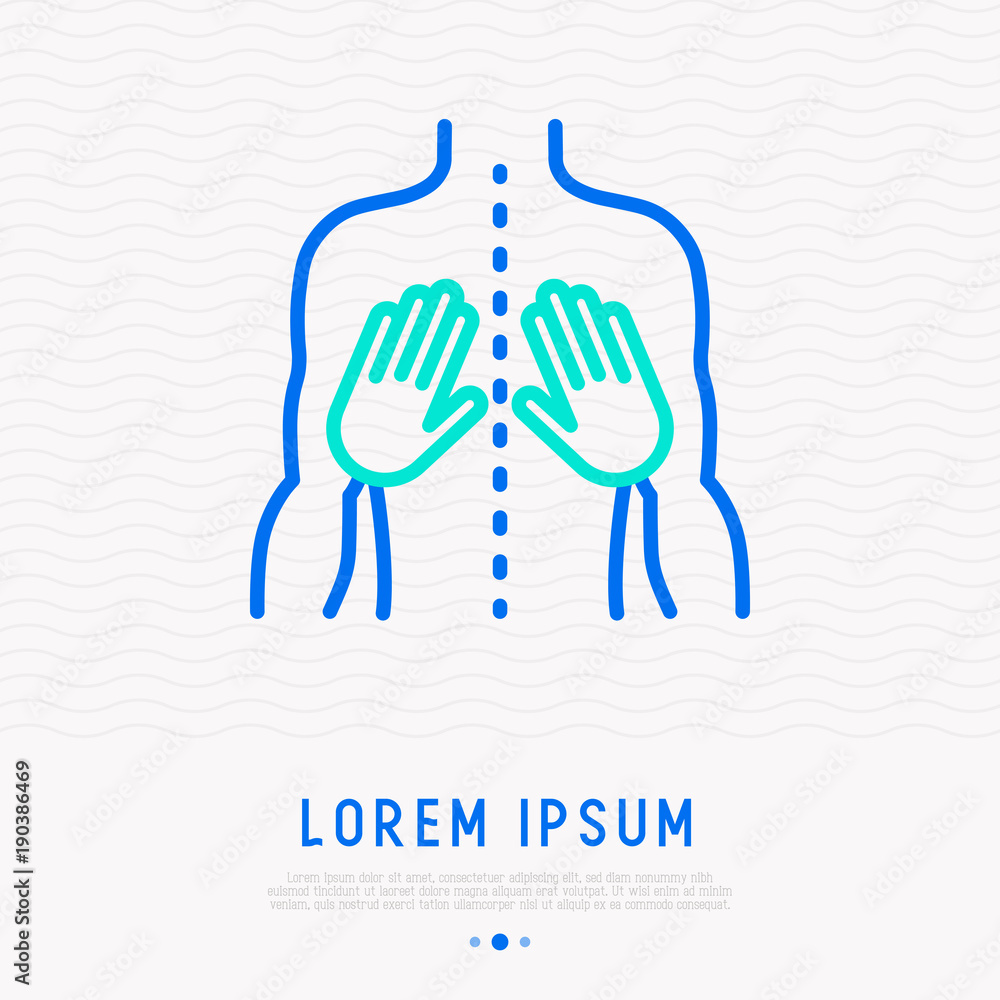Massage thin line icon: two hands on the back. Modern vector illustration of rehabilitation. Massage thin line icon: two hands on the back. Modern vector illustration of rehabilitation.