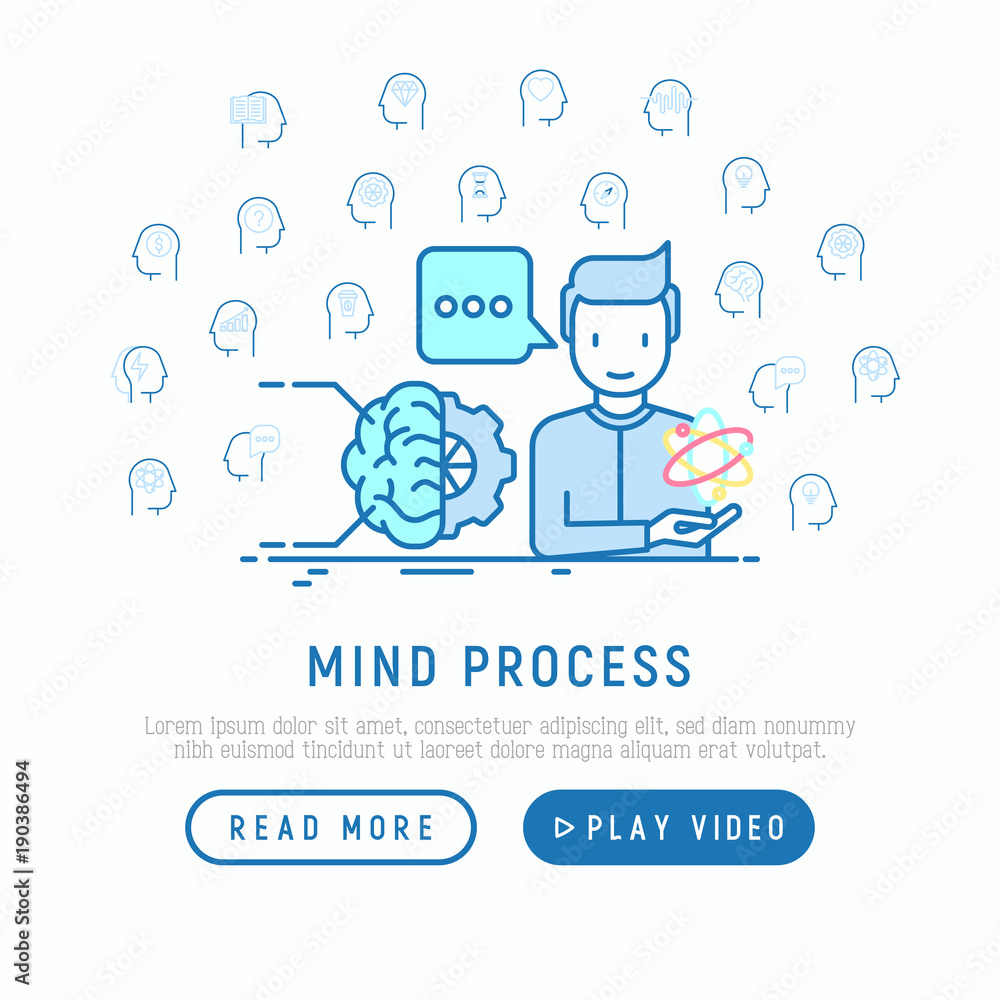Mind process concept with thin line icons: intelligence, passion, conflict, innovation, time management, exploration, education, logical thinking. Modern vector illustration, web page template.