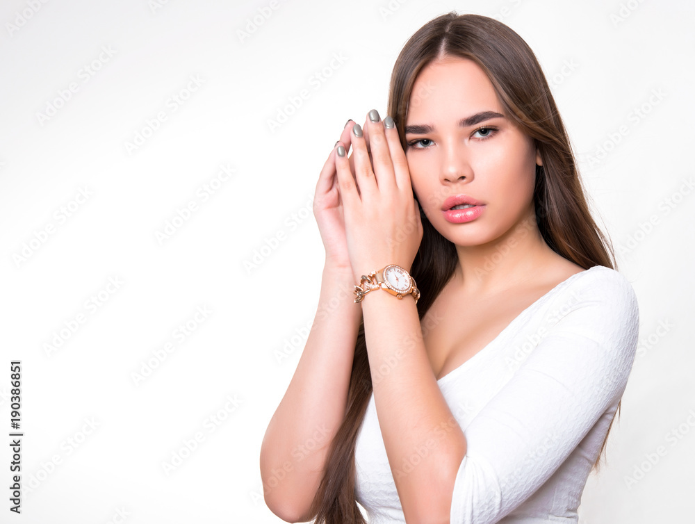 beautiful young woman with long hair wearing wrist watch beautiful young woman with long hair wearing wrist watch