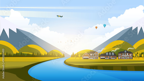 Vector Beautiful Flat Illustration Style Landscape in Spring/Summer. River Mountains and Trees.
