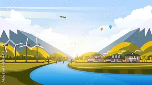 Vector Beautiful Flat Illustration Style Landscape in Spring/Summer. River Mountains and Trees.