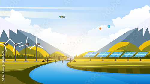 Vector Beautiful Flat Illustration Style Landscape in Spring/Summer. River Mountains and Trees.