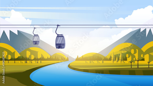 Vector Beautiful Flat Illustration Style Landscape in Spring/Summer. River Mountains and Trees.