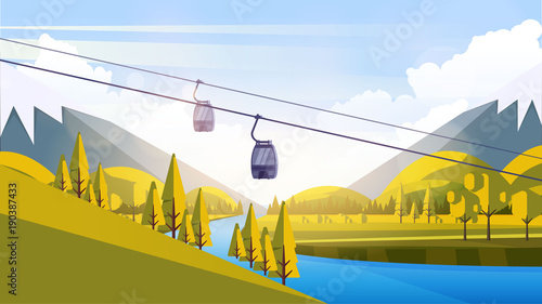 Vector Beautiful Flat Illustration Style Landscape in Spring/Summer. River Mountains and Trees.