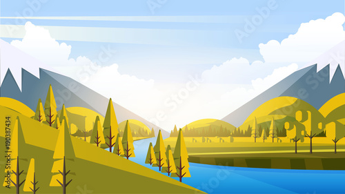 Vector Beautiful Flat Illustration Style Landscape in Spring/Summer. River Mountains and Trees.