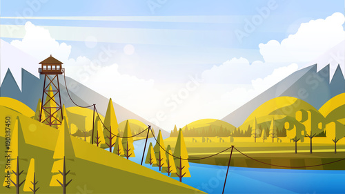 Vector Beautiful Flat Illustration Style Landscape in Spring/Summer. River Mountains and Trees.