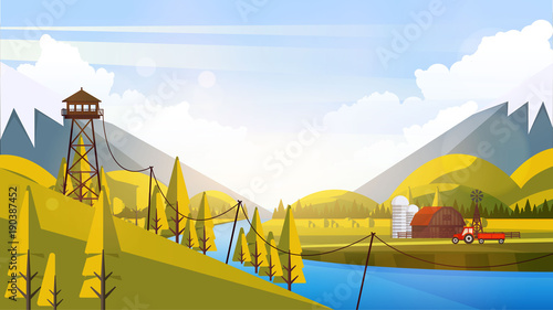 Vector Beautiful Flat Illustration Style Landscape in Spring/Summer. River Mountains and Trees.