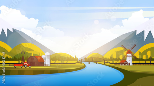 Vector Beautiful Flat Illustration Style Landscape in Spring/Summer. River Mountains and Trees.