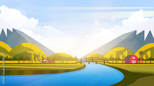 Vector Beautiful Flat Illustration Style Landscape in Spring/Summer. River Mountains and Trees.