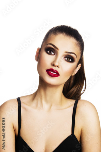 beautiful girl with red lipstick make up and smokey eyes