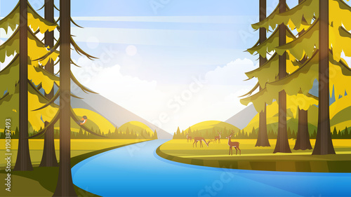 Vector Beautiful Flat Illustration Style Landscape in Spring/Summer. River Mountains and Trees.