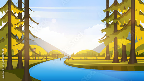 Vector Beautiful Flat Illustration Style Landscape in Spring/Summer. River Mountains and Trees.