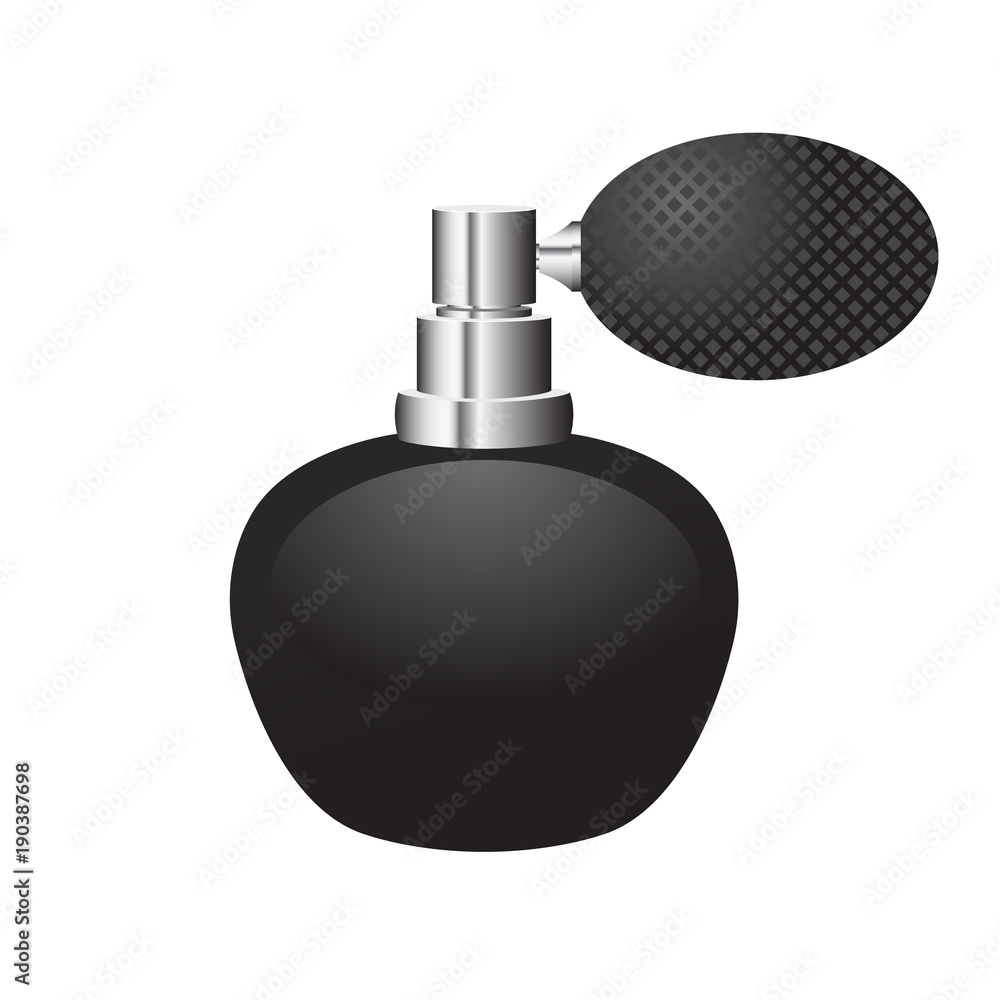 Black bottle of perfume with sprayer rubber bulb Black bottle of perfume with sprayer rubber bulb