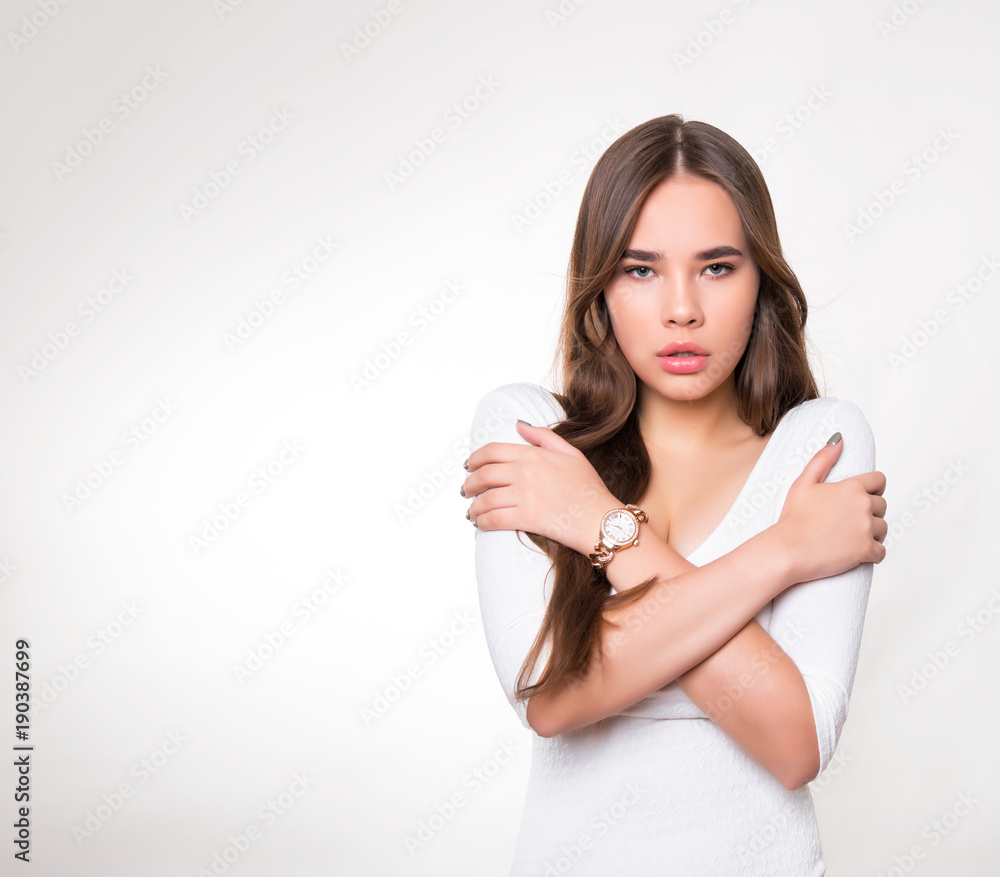beautiful young woman with long hair wearing wrist watch beautiful young woman with long hair wearing wrist watch