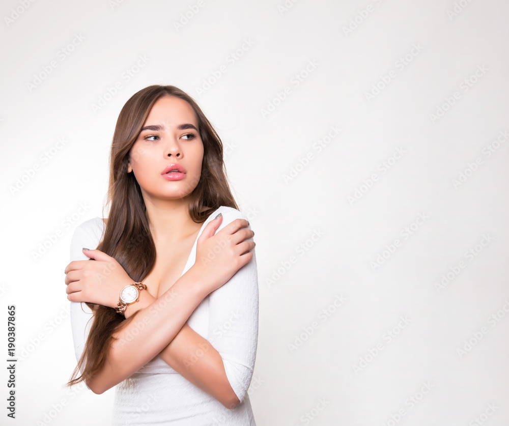 beautiful young woman with long hair wearing wrist watch beautiful young woman with long hair wearing wrist watch