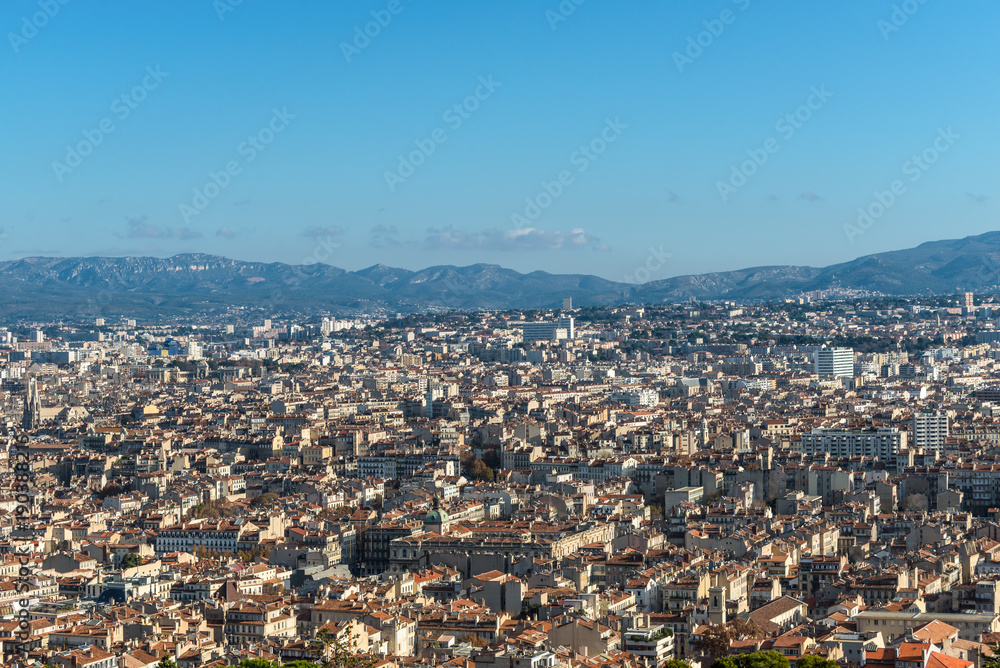 Aerial panoramic view of Marseille from basilica of Notre Dame de la Garde in Marseille, Provence, France