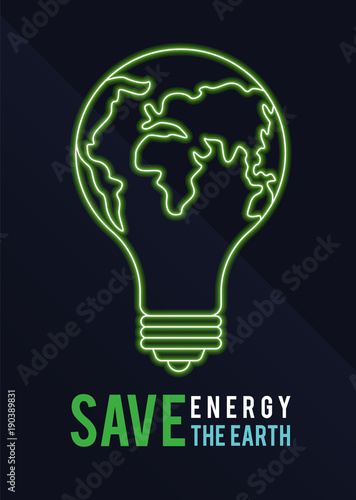Earth Hour banner with Save energy save the earth text and green Light Bulb world sign vector design
