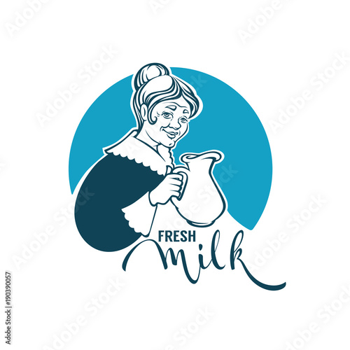 fresh milk logo template design with vector portrait of lovely grandmother, milk jug and lettering composition