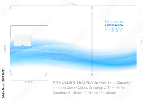 A4 Presentation Folder Template with Flow Background Graphic, Cutter Guide, with standard business card slot