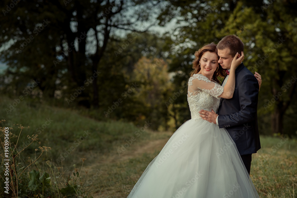 Romantic outdoor portrait. Stylish attractive newlywed couple is hugging and gorgeous bride is softly stroking the groom face. Forest location.