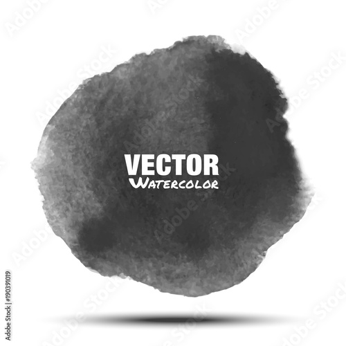 Dark gray black transparent watercolor vector circle stain isolated on white background with realistic paper watercolor texture. Aquarelle grey vibrant spot. Blur light wash drawing design element.