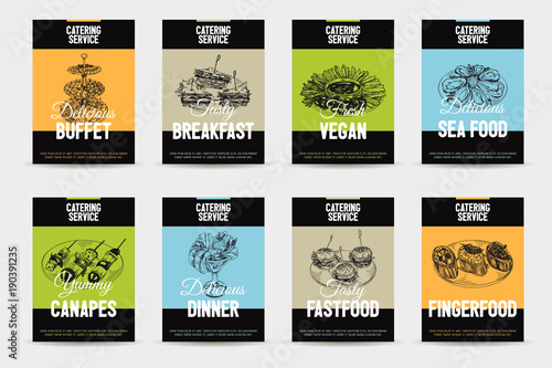 2692457 Beautiful vector hand drawn catering service food card set.