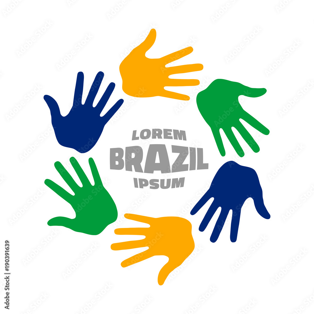Colorful six hand print logo using Brazil flag colors. Vector illustration.