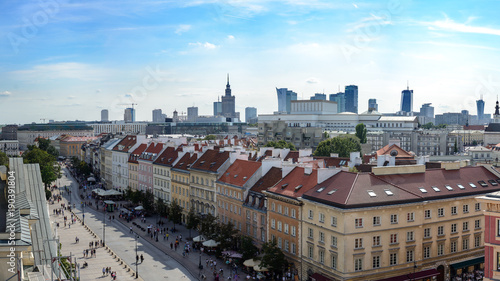 Very wide panorama of Warsaw Old Town with downtown in background