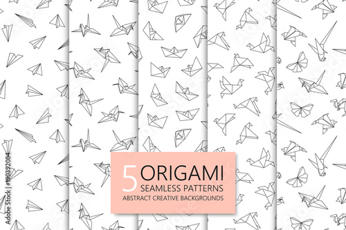 Collection of seamless origami patterns. Abstract creative backgrounds