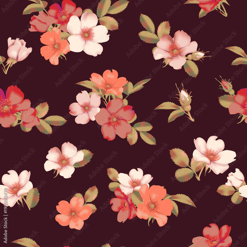 Dog-rose blooms. wild rose vector seamless pattern