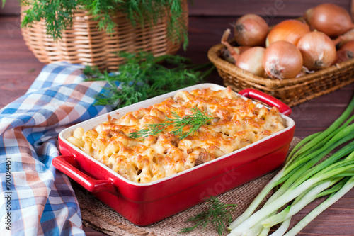 Macaroni, Chicken and Cheese Pasta Bake in a Ceramic Dish photo