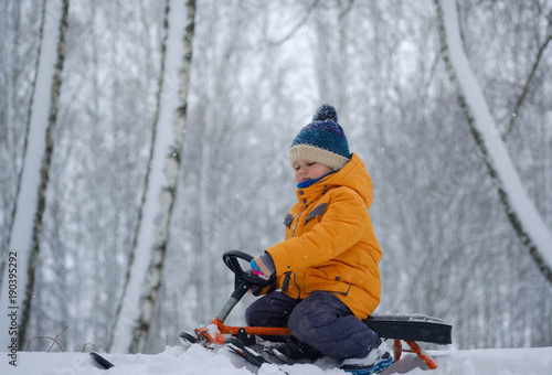 cute European boy riding on sled in the woods