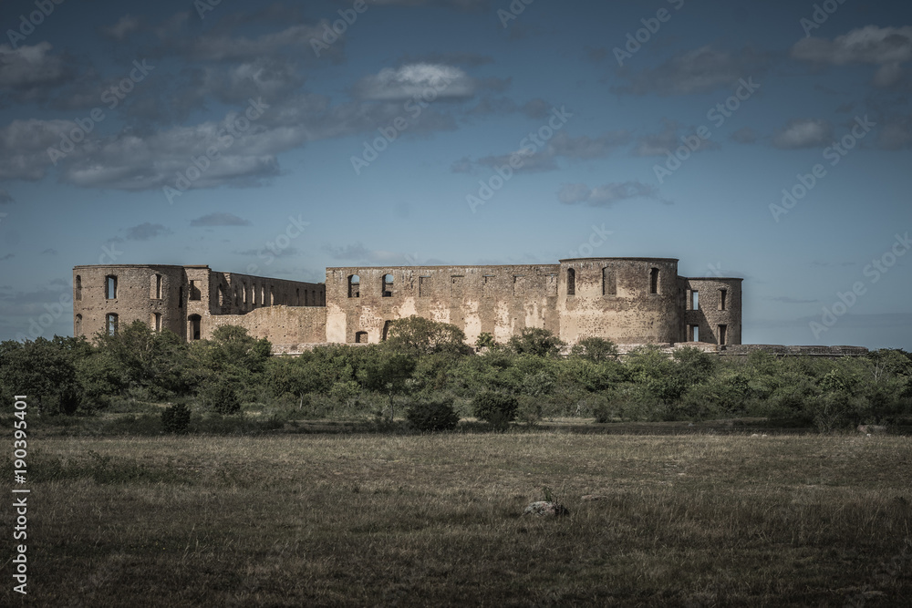 Dark spooky view of the castle of borgholm located on Öland