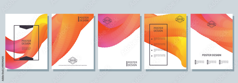 Abstract poster design. Cool flyer with bright gradient. Wave, overflow and blend on modern cover for corporation catalog. Vector illustration. Objects isolated on white background.
